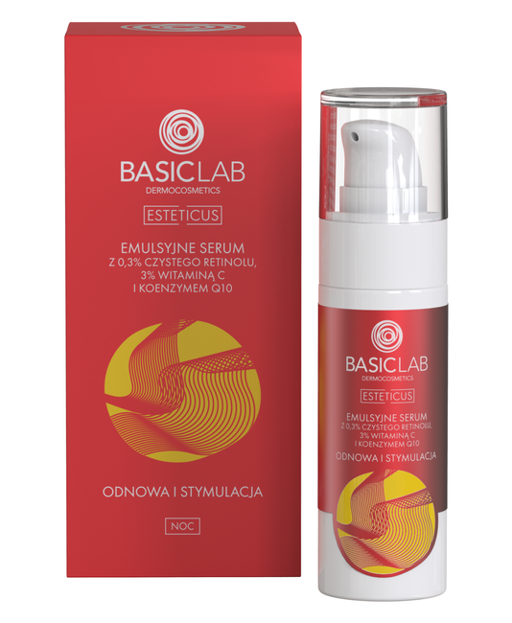 BasicLab Emulsyjne serum z 0,3% czystego retinolu, 3% witaminą C i koenzymem Q10 Odnowa i stymulacja 30ml