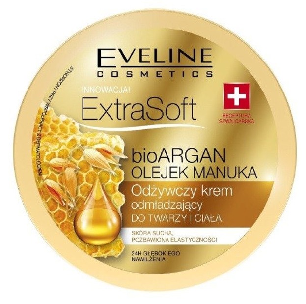 Eveline Extra Soft Odżywczy krem odmładzający do twarzy i ciała bio ARGAN i OLEJEK MANUKA 175ml